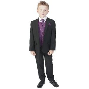 Boys Black & Purple 6 Piece Slim Fit Suit